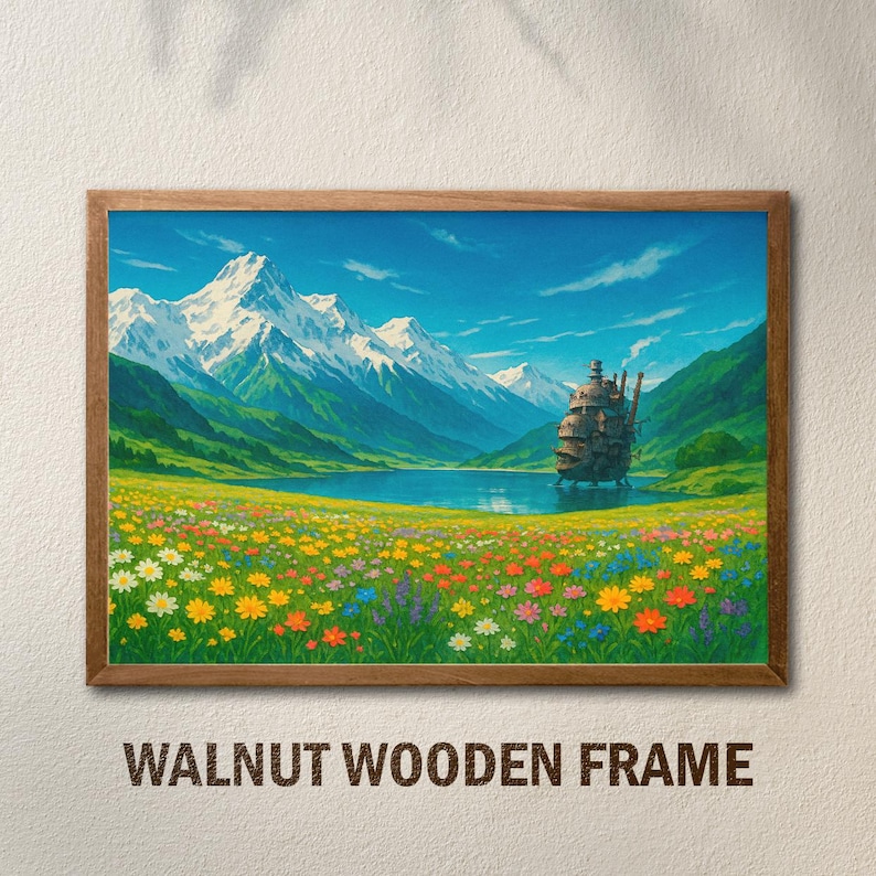 May include: A framed canvas print of a whimsical landscape with a floating house in the distance. The scene features a lake surrounded by green hills and snow-capped mountains. The foreground is filled with a field of colorful wildflowers.