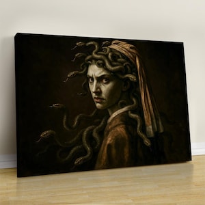 Medusa Wall Art, Arte murale della mitologia greca, Donna con testa di serpente su tela, Medusa Wall Art colorata, Decorazione murale greca con Medusa, Arredamento per la casa