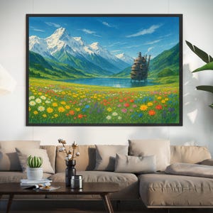 May include: A painting of a large, floating, steampunk-style airship in a field of colorful wildflowers. The airship is in the foreground, with a lake and snow-capped mountains in the background.