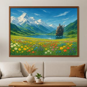 May include: A painting of a large, floating house in a field of colorful wildflowers. The house is surrounded by mountains and a lake. The sky is blue and there are clouds in the distance.
