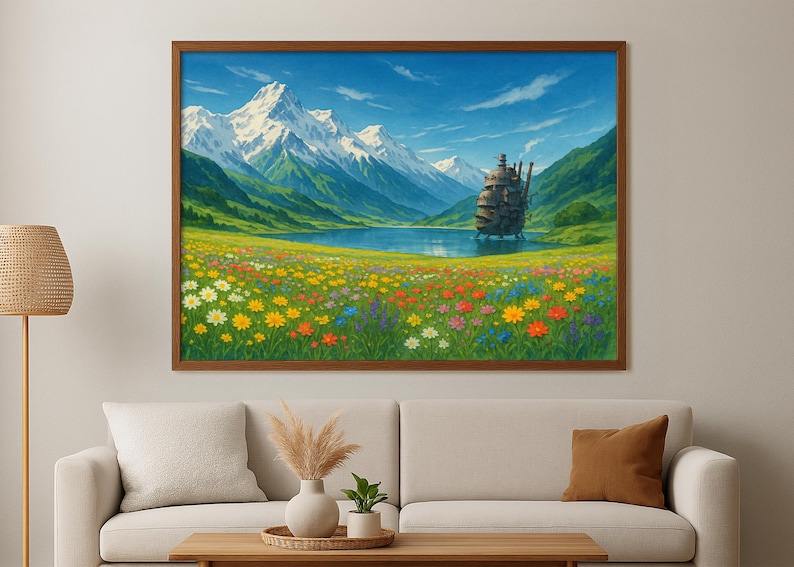 May include: A painting of a large, floating house in a field of colorful wildflowers. The house is surrounded by mountains and a lake. The sky is blue and there are clouds in the distance.