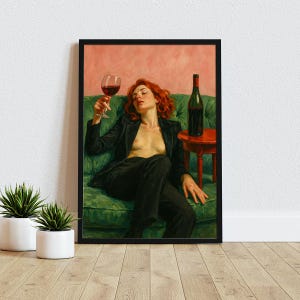 ソファでワインを片手にリラックスする女性 | 柔らかな色調の油絵 | ワインアートのバーカート装飾 | 美しい油絵ギフト | トレンディなフェミニストプリント