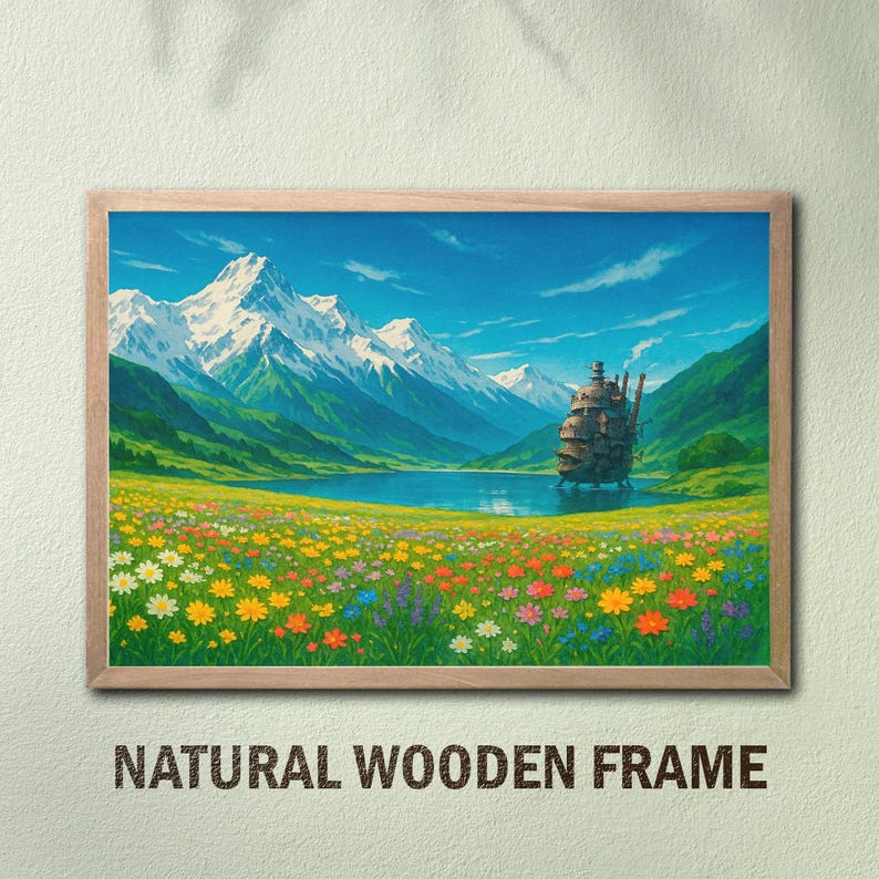May include: A framed print of a whimsical landscape with a floating house in the distance. The scene features a lake, mountains, and a field of colorful flowers. The frame is made of natural wood.