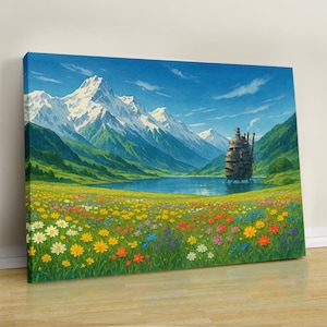May include: A painting of a large, floating house in a field of colorful flowers. The house is in front of a lake and mountains in the background.