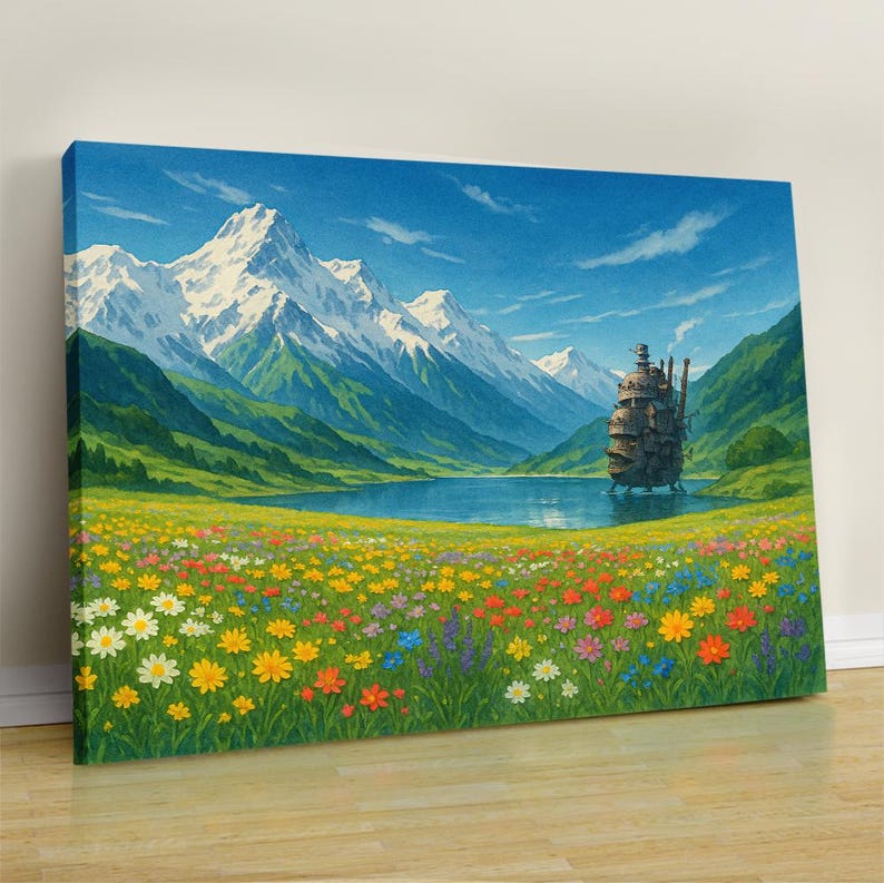 May include: A painting of a large, floating house in a field of colorful flowers. The house is in front of a lake and mountains in the background.