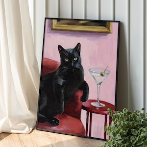黒猫マティーニアートプリント、面白い猫のプリント、気まぐれなカクテルウォールアート、風変わりなバーカートの装飾、エレガントな猫好きへのギフト、スタイリッシュなバーの装飾