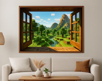 Block Video Game Canvas Decor, Steve Craft Poster, Mine Movie Poster, Gaming Room Poster Framed, Wrap, Print, Field of Blocks Game Wall Art