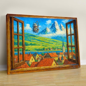 May include: A painting of a window view with a flying airship, mountains, and a small town in the distance. The sky is blue with white clouds. The town is painted in shades of brown, red, and yellow. The airship is a dark gray color with a light gray top.