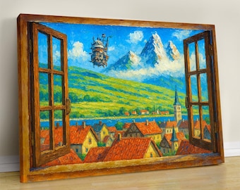 Moving Castle Canvas Art: Anime Window View, Hayao Studio Decor