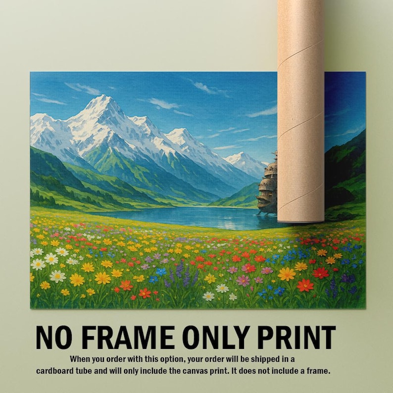 May include: A colorful landscape painting featuring a mountain range, a lake, and a field of wildflowers. The painting has a blue sky with white clouds. The text "NO FRAME ONLY PRINT" is at the bottom of the image.