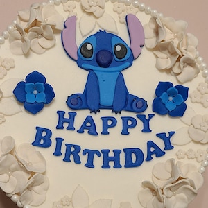 Edible Stitch Fondant Cake Topper – Happy Birthday Sign Decoration – Handmade Disney-Inspired Cake Topper