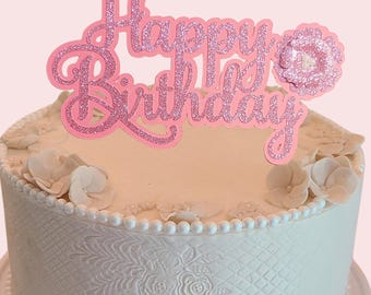 Happy Birthday Cake Topper - Pink Glitter Cake Pick For Birthday & Anniversary Parties