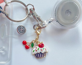Cherry Cupcake Badge Reel Charm – Cute Enamel Dessert Keychain