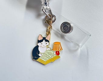 Kitten Reading Enamel Badge Charm - Nurse/Teacher Lanyard Accessory