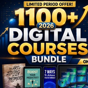 Peut inclure: Image promotionnelle pour un ensemble de cours numériques. L'image présente un ordinateur portable, un smartphone et des livres avec les mots "Cours en ligne" et "Formation professionnelle". D'autres livres et guides sont également affichés, avec le texte "1100+ Digital Courses Bundle."