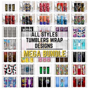 Puede incluir: Una colección de diseños de vasos con una variedad de patrones y gráficos. La imagen incluye vasos con el texto "ALL STYLES TUMBLERS WRAP DESIGNS MEGA BUNDLE" y marcas como Skittles y Takis.