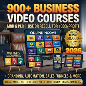 May include: A digital marketing graphic promoting 900+ business video courses. The image features a laptop displaying online income topics, with additional screens highlighting course details, bonuses, and the year 2026. The graphic includes the text "MRR & PLR | USE OR RESELL FOR 100% PROFIT".