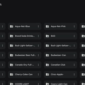 May include: A screenshot of a digital file directory titled "Drinks Designs." The directory contains various folders, including "Beer Brands Full," "Bud Light," "Coca Cola," and others, all related to drink brands and designs.