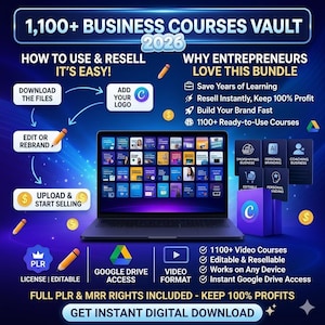 May include: Digital marketing bundle graphic with the text "1,100+ BUSINESS COURSES VAULT 2026". The image shows a laptop with course icons, and icons for Google Drive, video format, and PLR. The text includes "How to Use & Resell, It's Easy!"