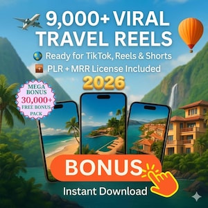 May include: An advertisement for travel reels, featuring three smartphones displaying tropical scenes. Text includes "9,000+ VIRAL TRAVEL REELS", "Ready for Tik Tok, Reels & Shorts", and "BONUS Instant Download". A hot air balloon and airplane are also visible in the image.