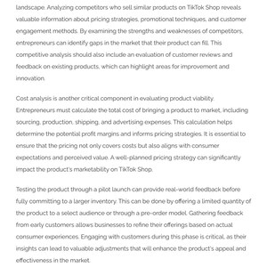 Puede incluir: Texto de "The TikTok Shop Playbook: How to Start, Scale & Succeed" que trata sobre la evaluaci&oacute;n de ideas de productos, el an&aacute;lisis de la competencia, el an&aacute;lisis de costes y los lanzamientos piloto para el &eacute;xito en el mercado. El texto est&aacute; sobre un fondo blanco.