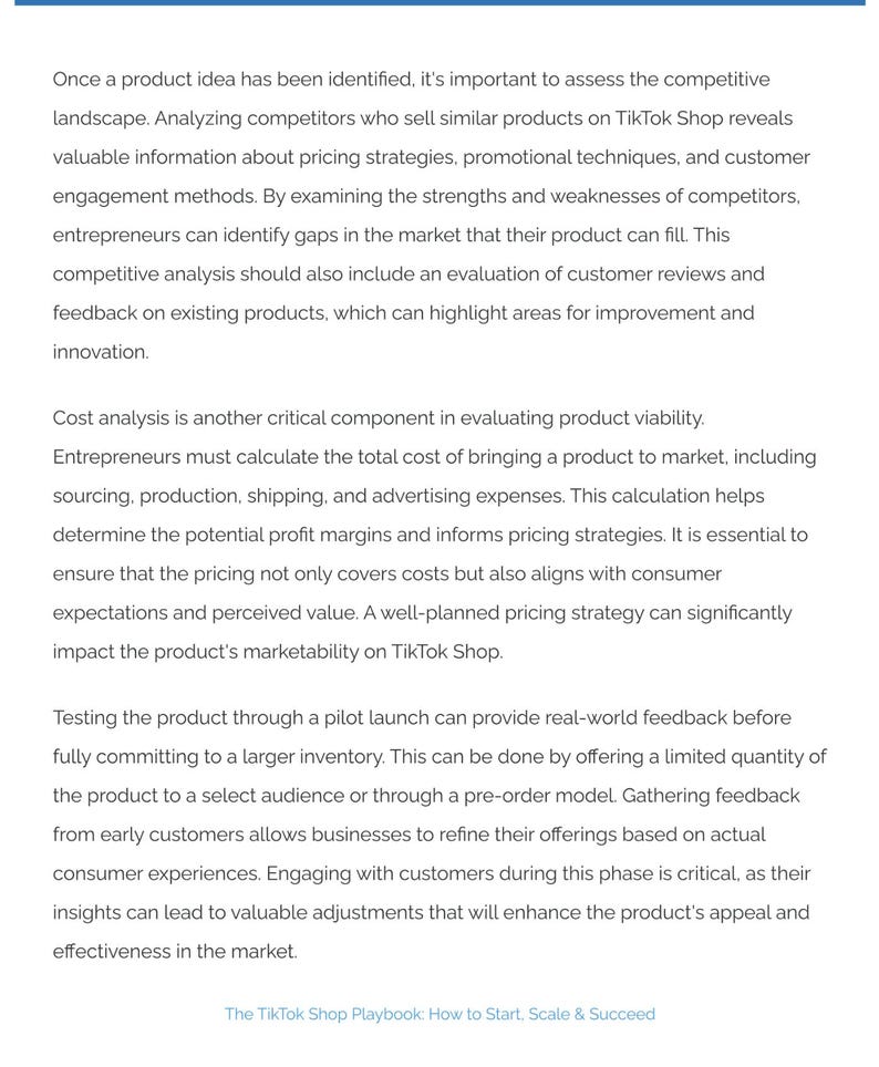 Puede incluir: Texto de "The TikTok Shop Playbook: How to Start, Scale & Succeed" que trata sobre la evaluaci&oacute;n de ideas de productos, el an&aacute;lisis de la competencia, el an&aacute;lisis de costes y los lanzamientos piloto para el &eacute;xito en el mercado. El texto est&aacute; sobre un fondo blanco.