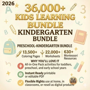May include: A digital learning bundle for kids, featuring the text "36,000+ Kids Learning Bundle Kindergarten Bundle." Includes coloring pages, worksheets, and Montessori resources. The image has a light beige background with illustrations of a backpack, book, and pencils.