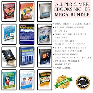 Op de afbeelding: Een afbeelding met een verzameling e-books met titels als "Stay Free Through Race Control" en "Profitable Blogging". De afbeelding bevat de tekst "ALL PLR & MRR EBOOKS NICHES MEGA BUNDLE" en een lijst met onderwerpen. Er zijn ook "Best Choice" en "Huge Bundle" badges.