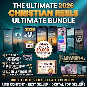 Puede incluir: Un anuncio de un paquete digital de Christian Reels. La imagen presenta varios teléfonos inteligentes que muestran citas y gráficos inspiradores. El texto incluye "The Ultimate 2026 Christian Reels Ultimate Bundle" y detalles sobre indicaciones de diario bíblico, citas de vida, versículos y afirmaciones.