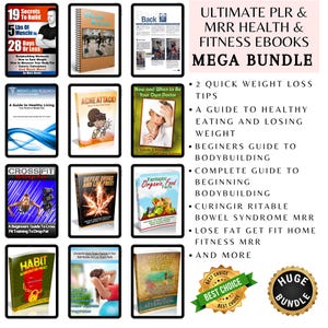 May include: A digital ebook bundle on health and fitness, covering topics such as weight loss and bodybuilding. The image displays various book covers, including titles like "Acne Attack!" and "Cross Fit". The text reads "Ultimate PLR & MRR Health & Fitness Ebooks Mega Bundle."