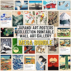 Puede incluir: Una colección de carteles de arte Japandi con diversas escenas de paisajes y culturales. Los carteles incluyen imágenes de olas, montañas, templos y figuras, con el texto "Japandi Art Posters Collection Printable Wall Art Gallery Mega Bundle."