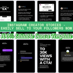 May include: A digital marketing template for Instagram Creator Stories, designed to help users easily sell to their followers. The template is 100% editable in Canva and includes examples of successful campaigns. The image shows examples of results and testimonials.