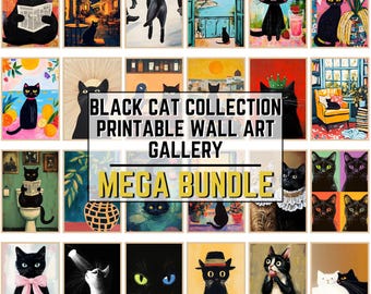 Black Cat Wall Art Mega Bundle | Printable Gallery, Whimsical Feline Decor, Colorful Modern Prints