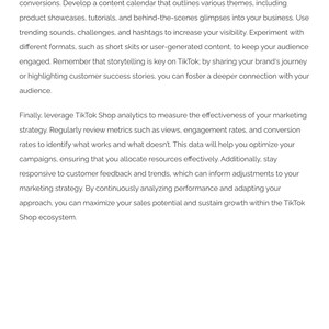 Puede incluir: Texto de "The TikTok Shop Playbook" sobre un fondo blanco. El texto trata sobre la creaci&oacute;n de contenido atractivo de TikTok, el desarrollo de un calendario de contenido y el uso de an&aacute;lisis para medir la efectividad del marketing. La parte inferior de la imagen dice "The TikTok Shop Playbook: How to Start, Scale & Succeed."