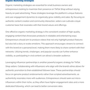 Puede incluir: Texto de "The TikTok Shop Playbook" sobre estrategias de marketing org&aacute;nico para peque&ntilde;as empresas. El texto trata sobre la creaci&oacute;n de contenido, la interacci&oacute;n comunitaria, las asociaciones con influencers y c&oacute;mo aumentar la visibilidad y las ventas.
