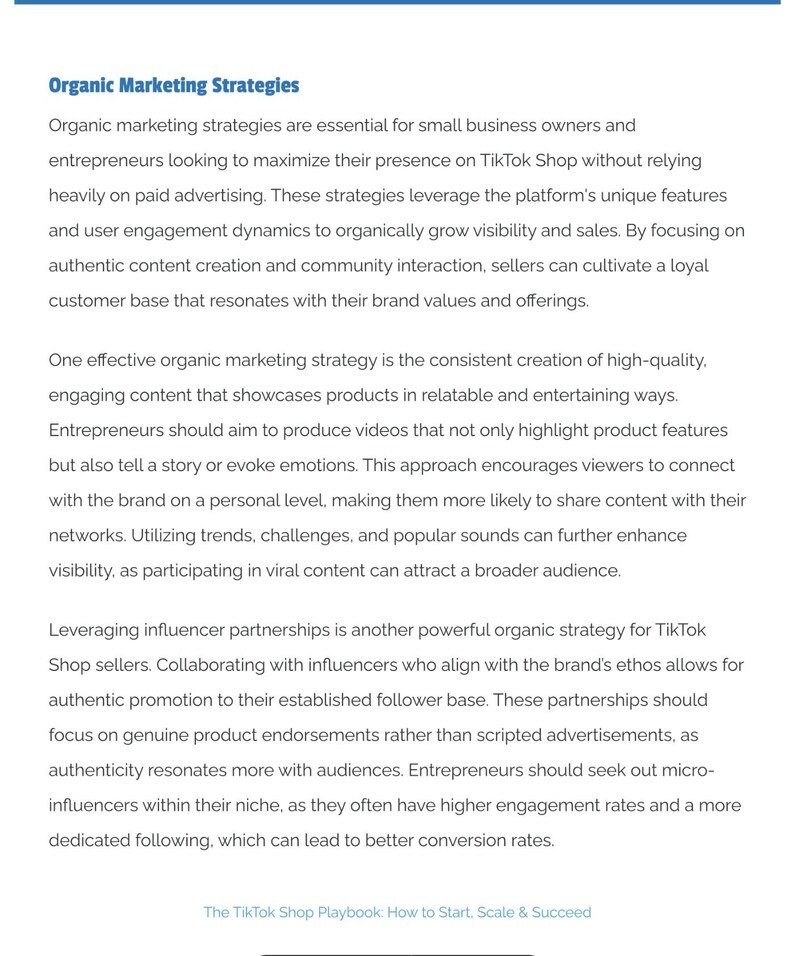 Puede incluir: Texto de "The TikTok Shop Playbook" sobre estrategias de marketing org&aacute;nico para peque&ntilde;as empresas. El texto trata sobre la creaci&oacute;n de contenido, la interacci&oacute;n comunitaria, las asociaciones con influencers y c&oacute;mo aumentar la visibilidad y las ventas.