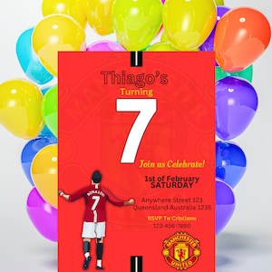 Faire-part d'anniversaire Ronaldo, invitation CR7, invitation Ronaldo modifiable, modèle d'anniversaire Manchester United, téléchargement immédiat, tout âge