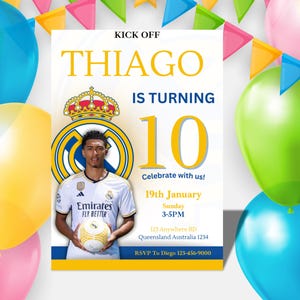 Echte Geburtstagseinladung, Madrid Canva Vorlage, Fußball-Einladung, Fußball-Geburtstagsvorlage, Bellingham Geburtstagsvorlage, EDITIERBAR