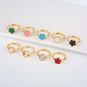 18K Gold Adjustable Clover Ring | 5 Leaf Clover Ring | Unique Gold Ring | Mother of Pearl Onyx Black | 12mm Clover Ring | Ring For Her, Gift