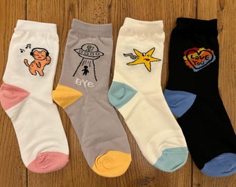 Fun Korean Socks for Women: Unique Colorful Designs (Dancing Cat, UFO alien, Shooting Star)