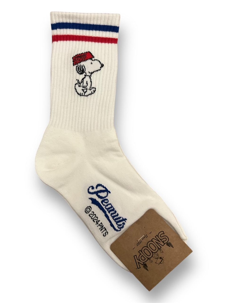 Officially Licensed Snoopy Socks – Peanuts Character Crew Socks – Made in Korea 2. Blue & Red Stripe