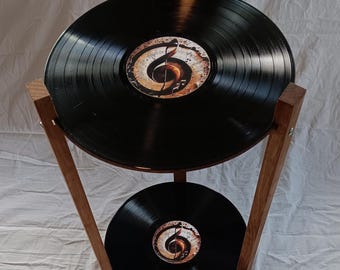 Record Table, Two Shelf LP Retro Record Side Table, Treble Clef Label