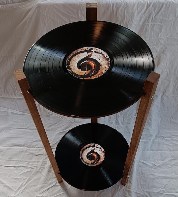 Record Table, Two Shelf LP Retro Record Side Table, Treble Clef Label
