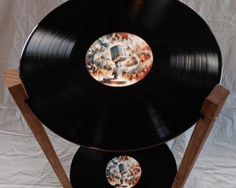Record Table, Two Shelf LP Retro Record Side Table, Vintage Microphone Label