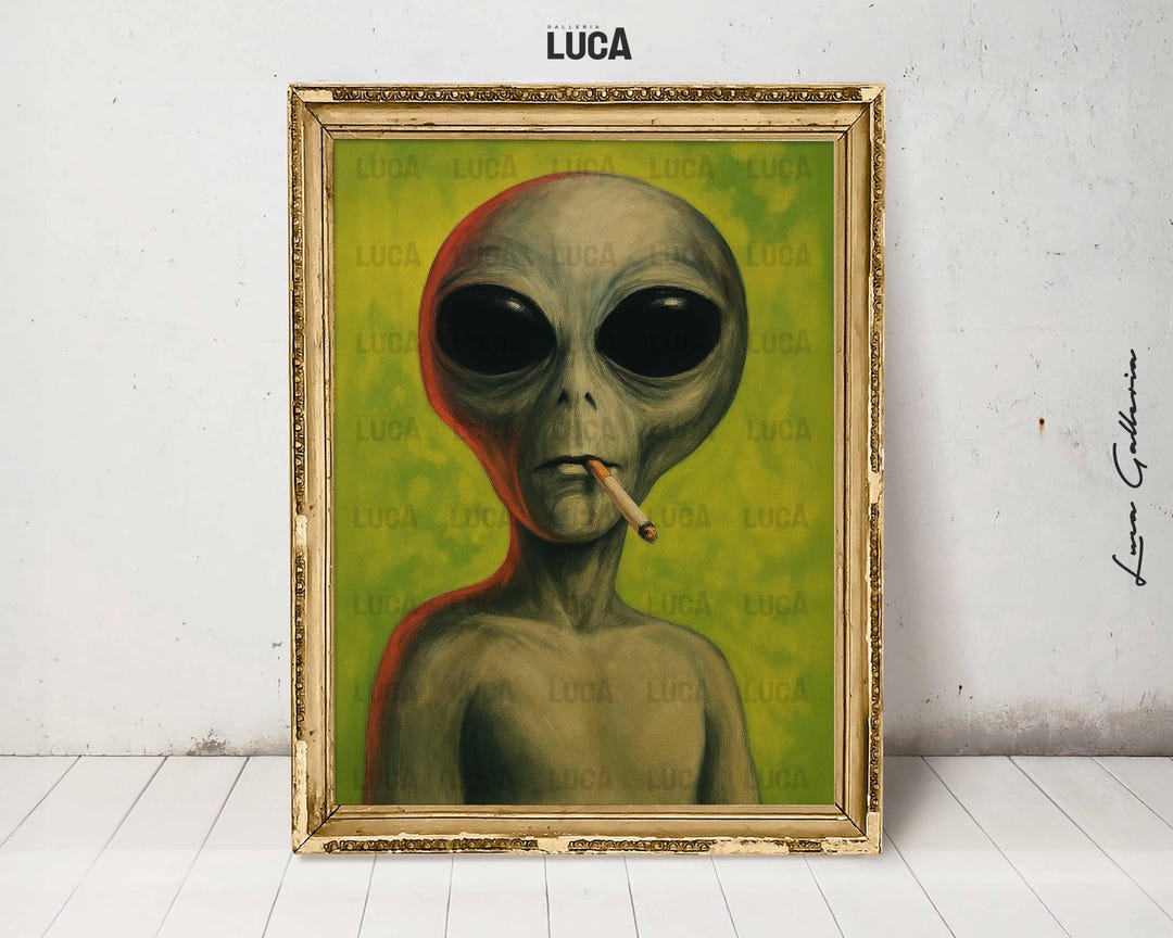 Green Alien Smoking Cigarette Art Print, Ufo Nostalgic Poster, Planet ...