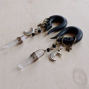 Bronze Celestial Charmed Gauges // Mixed Metals // Crescent Moon // Star // Quartz Crystal wands // Black Spinel // Dangle Gauges