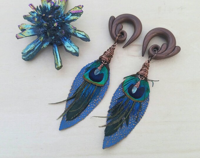 Copper Cobalt Peacock Feather Gauges Earring Plugs With Etsy