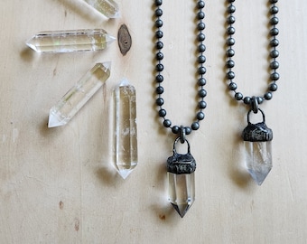 Natural Quartz Crystal Acorn Necklace // Chunky  Ball Chain Chokers