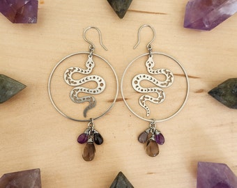 Dark Silver Celestial Serpent Gemstone Hoops Earrings // Rare Cat Eye // Amethyst // Smoky Quartz // Stainless steel // Snakes