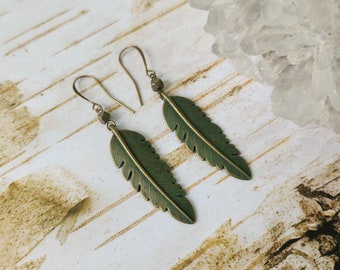 Boho Teal Patina Feather // Pyrite // Bronze // Earrings